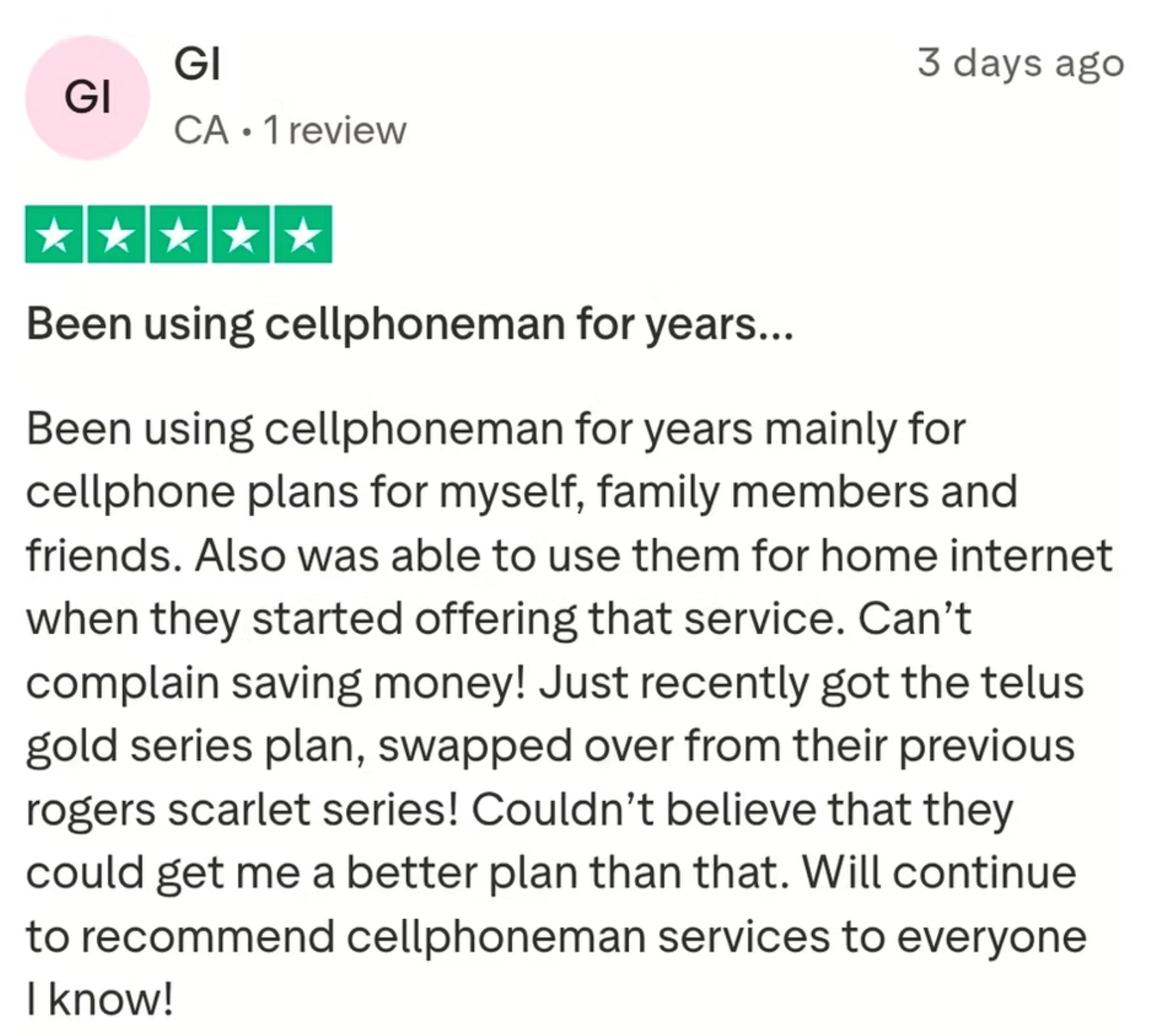 Trustpilot 5-star review: been using cellphoneman for years, can't complain saving money