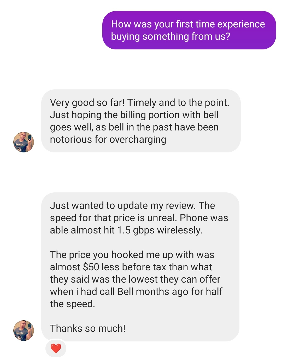 Client message: the speed for that price is unreal, almost $50 less than Bell's lowest offer